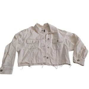 Abercrombie & Fitch Cream Cropped Denim Jacket Raw Hem Off-White Womens Large